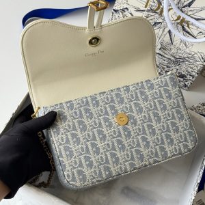 CD Medium Saddle Pouch with Chain 21.5cm White Grey Jacquard Cowhide GHW