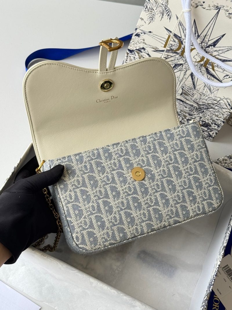 CD Medium Saddle Pouch with Chain 21.5cm White Grey Jacquard Cowhide GHW