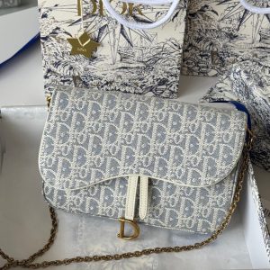 CD Medium Saddle Pouch with Chain 21.5cm White Grey Jacquard Cowhide GHW