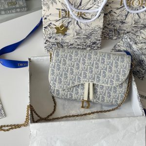 CD Medium Saddle Pouch with Chain 21.5cm White Grey Jacquard Cowhide GHW