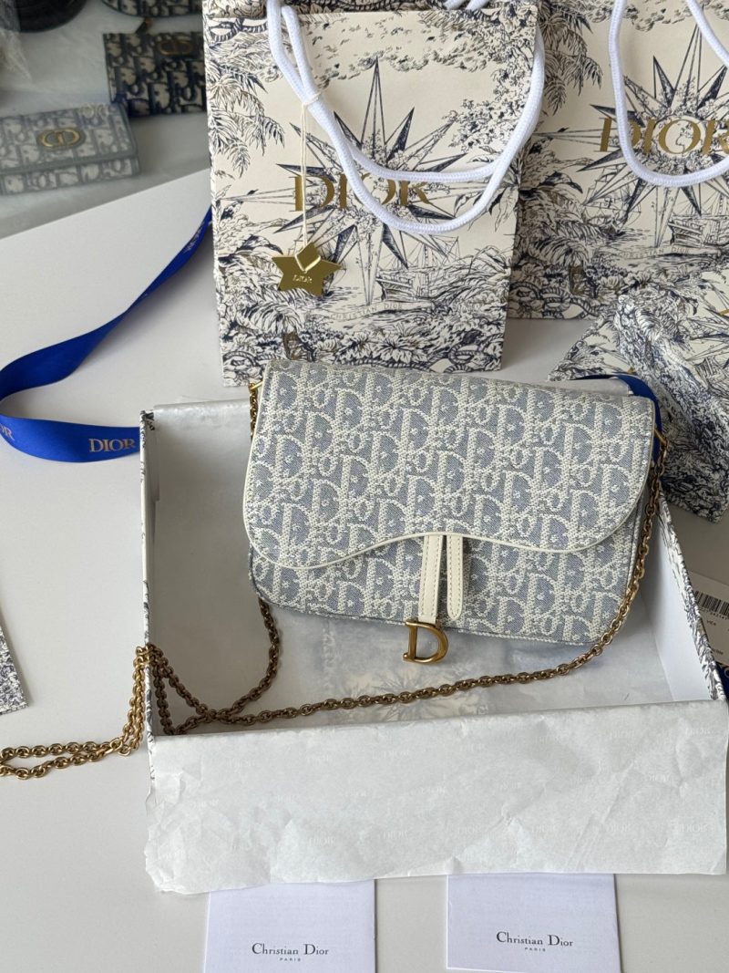 CD Medium Saddle Pouch with Chain 21.5cm White Grey Jacquard Cowhide GHW