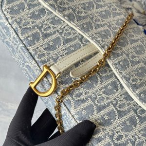 CD Medium Saddle Pouch with Chain 21.5cm White Grey Jacquard Cowhide GHW