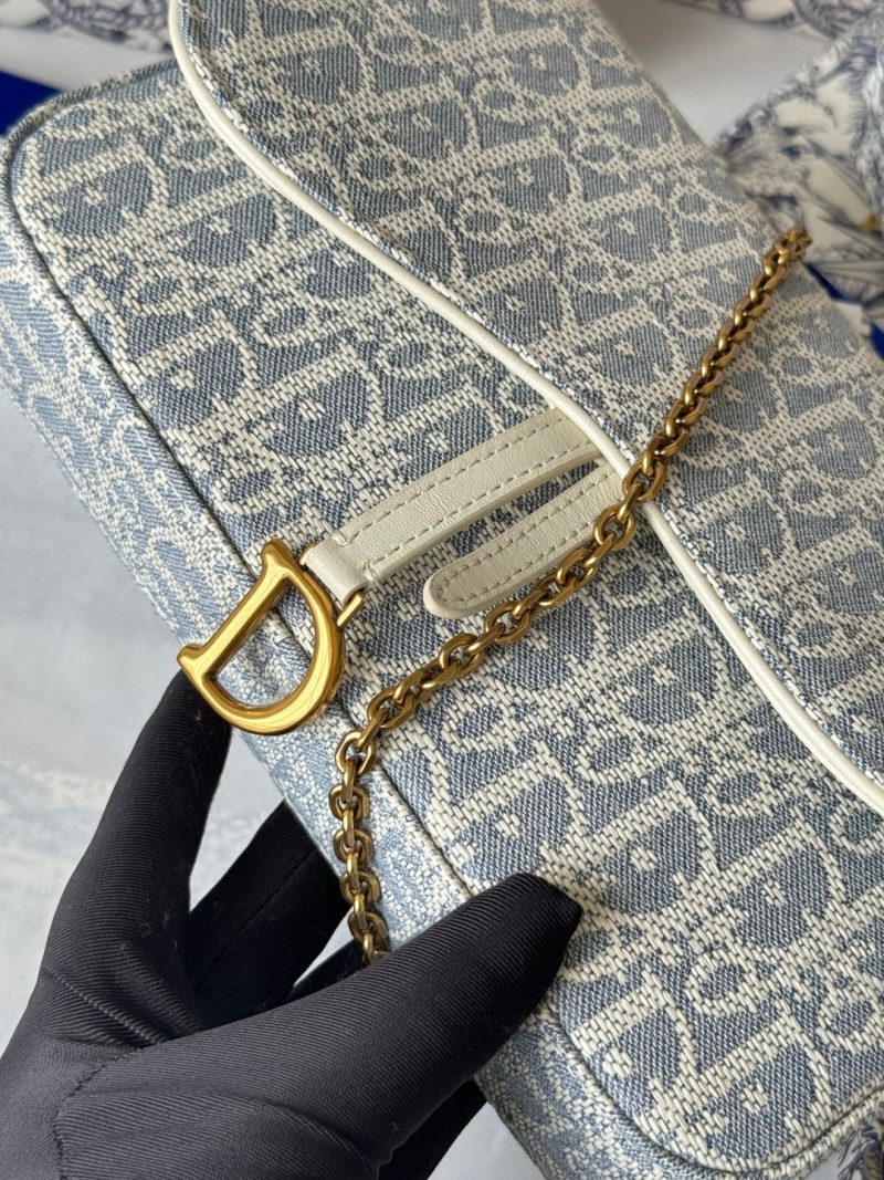 CD Medium Saddle Pouch with Chain 21.5cm White Grey Jacquard Cowhide GHW