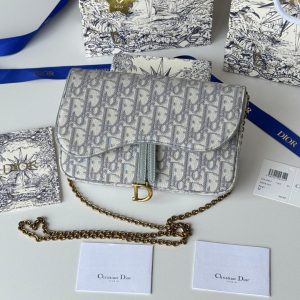 CD Medium Saddle Pouch with Chain 21.5cm Grayish Jacquard Cowhide GHW