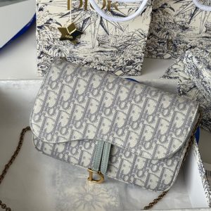 CD Medium Saddle Pouch with Chain 21.5cm Grayish Jacquard Cowhide GHW