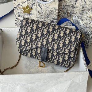 CD Medium Saddle Pouch with Chain 21.5cm Blue Jacquard Cowhide GHW