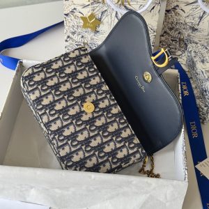 CD Medium Saddle Pouch with Chain 21.5cm Blue Jacquard Cowhide GHW