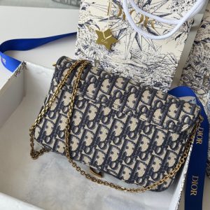 CD Medium Saddle Pouch with Chain 21.5cm Blue Jacquard Cowhide GHW