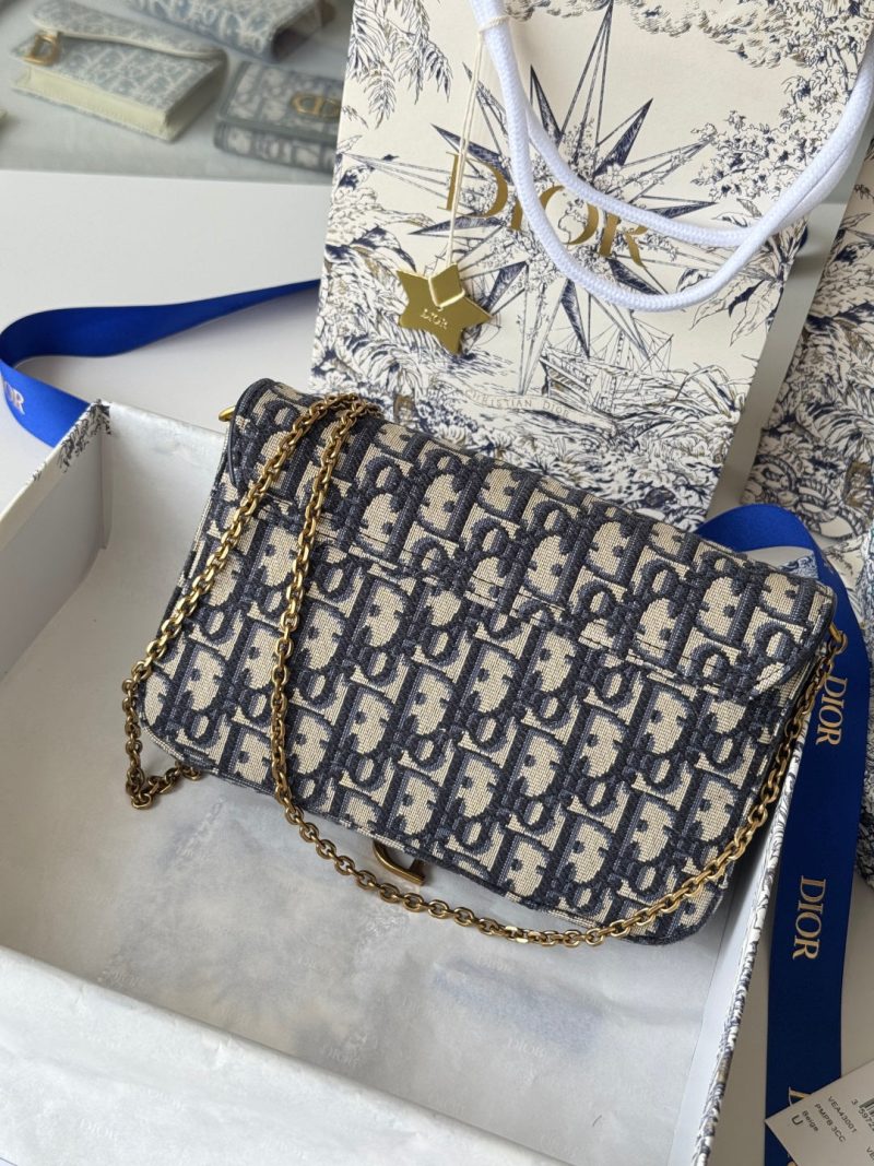 CD Medium Saddle Pouch with Chain 21.5cm Blue Jacquard Cowhide GHW