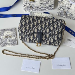 CD Medium Saddle Pouch with Chain 21.5cm Blue Jacquard Cowhide GHW