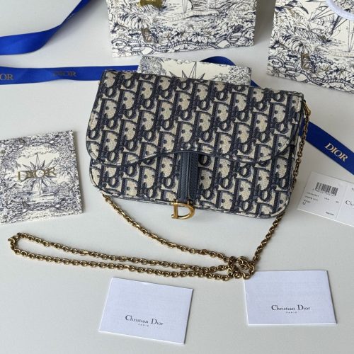 CD Medium Saddle Pouch with Chain 21.5cm Blue Jacquard Cowhide GHW