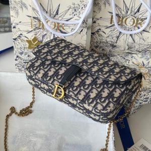 CD Medium Saddle Pouch with Chain 21.5cm Blue Jacquard Cowhide GHW