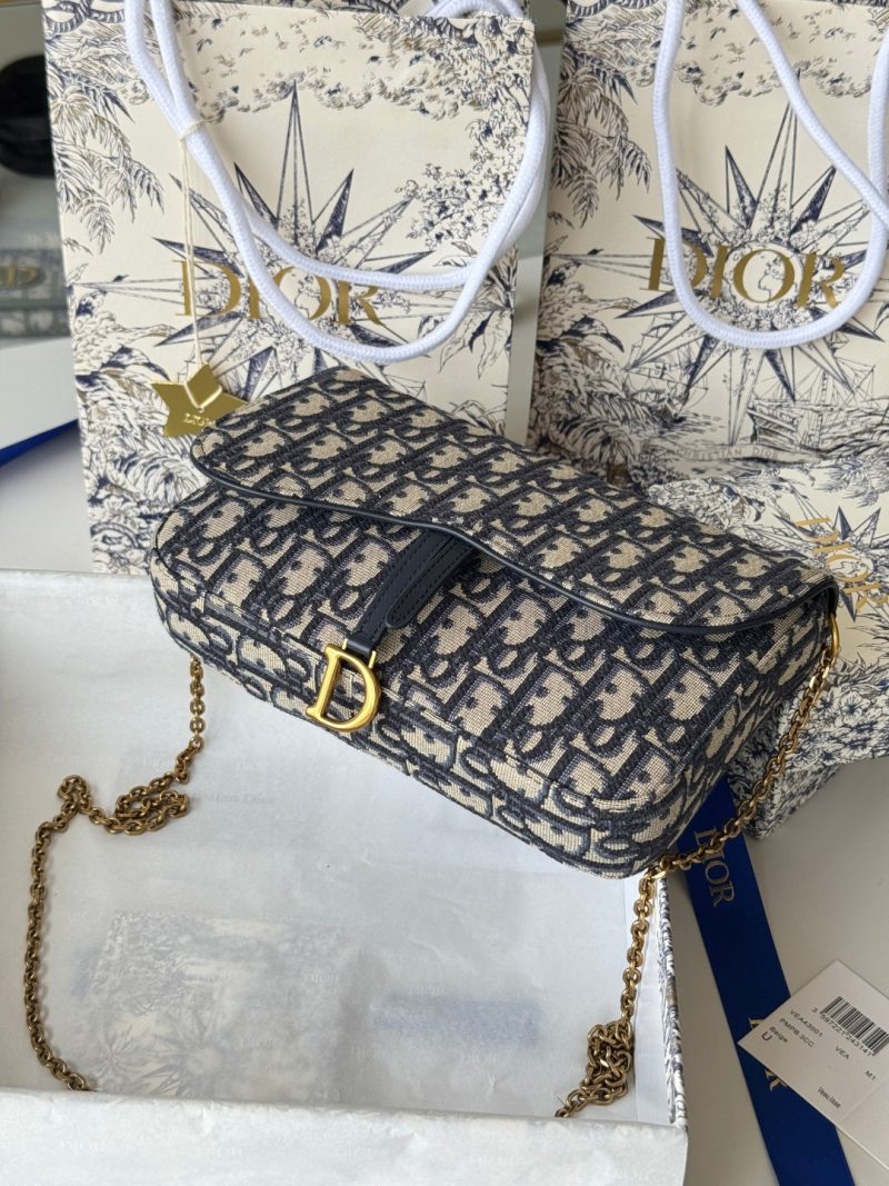 CD Medium Saddle Pouch with Chain 21.5cm Blue Jacquard Cowhide GHW