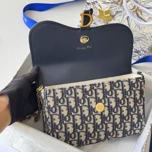 CD Medium Saddle Pouch with Chain 21.5cm Blue Jacquard Cowhide GHW