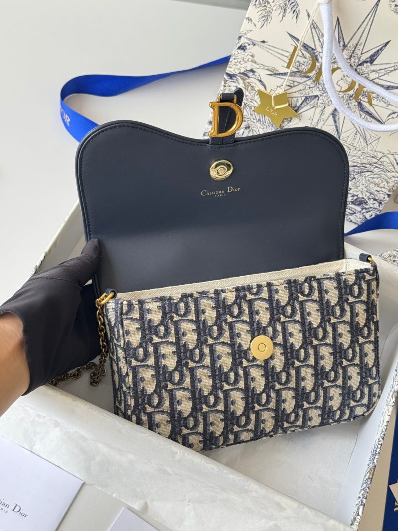 CD Medium Saddle Pouch with Chain 21.5cm Blue Jacquard Cowhide GHW