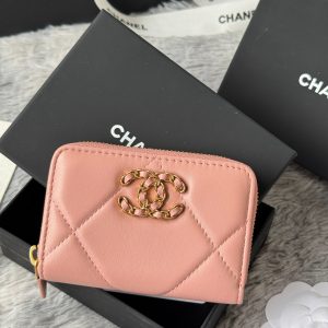 CC 19 Quilted Zipper Coin Purse Pink Gold-Tone Sheepskin 242796