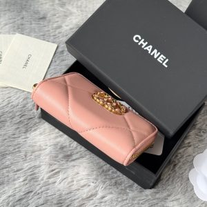 CC 19 Quilted Zipper Coin Purse Pink Gold-Tone Sheepskin 242796