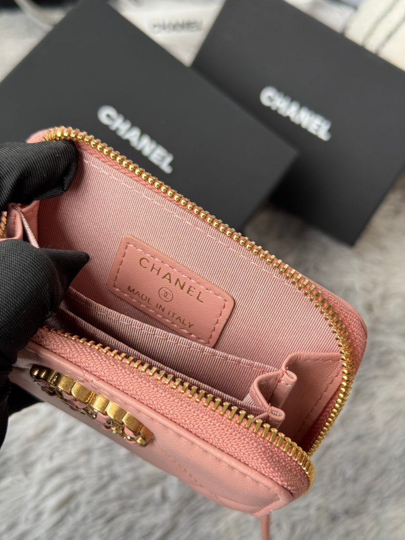 CC 19 Quilted Zipper Coin Purse Pink Gold-Tone Sheepskin 242796