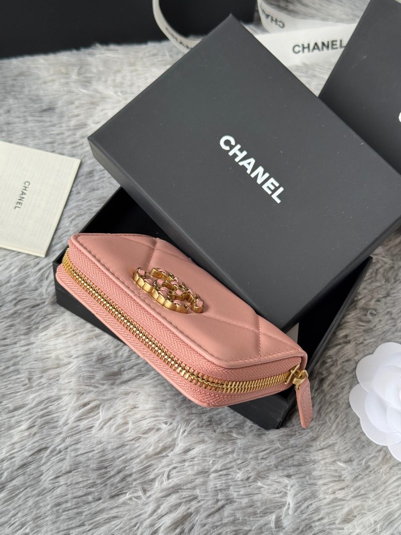 CC 19 Quilted Zipper Coin Purse Pink Gold-Tone Sheepskin 242796