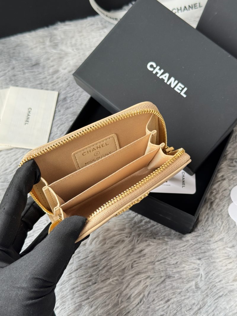 CC 19 Quilted Zipper Coin Purse Beige Gold-Tone Sheepskin 242798