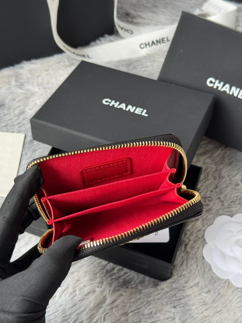 CC 19 Quilted Zipper Coin Purse Black Gold-Tone Sheepskin 242800