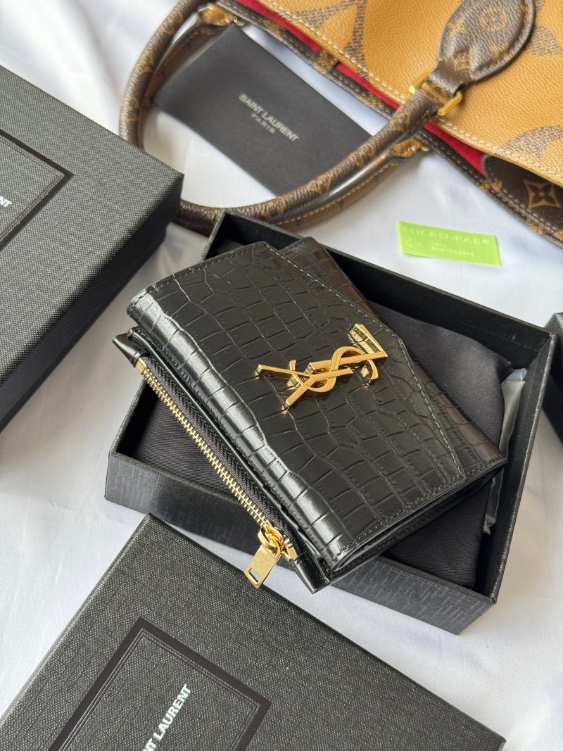 YSL Tri-fold Wallet 12cm Black Gold Alligator leather