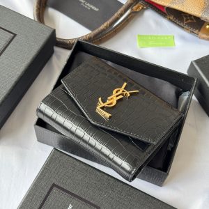 YSL Tri-fold Wallet 12cm Black Gold Alligator leather