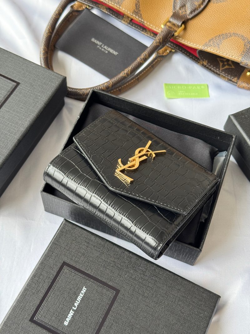 YSL Tri-fold Wallet 12cm Black Gold Alligator leather