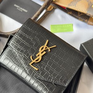 YSL Tri-fold Wallet 12cm Black Gold Alligator leather