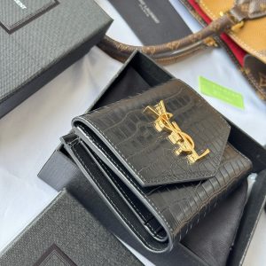 YSL Tri-fold Wallet 12cm Black Gold Alligator leather
