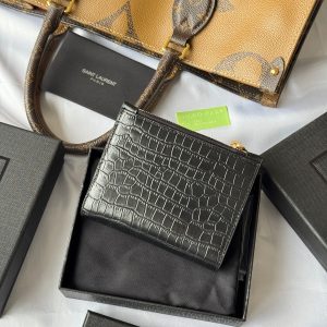 YSL Tri-fold Wallet 12cm Black Gold Alligator leather