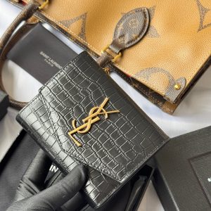 YSL Tri-fold Wallet 12cm Black Gold Alligator leather