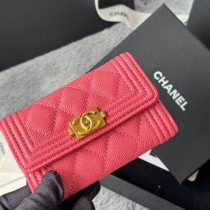 CC Boy Flap Card Holder Pink Gold-tone Grained Calfskin 242858