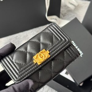 CC Boy Flap Card Holder Black Gold-tone Lambskin 242862