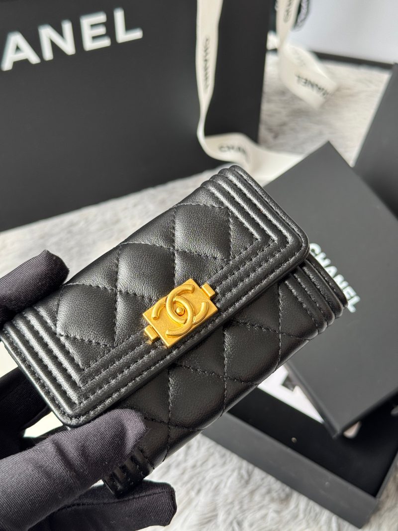 CC Boy Flap Card Holder Black Gold-tone Lambskin 242862