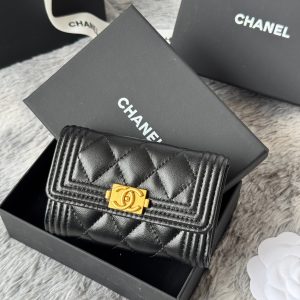 CC Boy Flap Card Holder Black Gold-tone Lambskin 242862