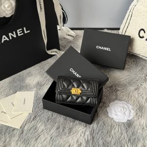 CC Boy Flap Card Holder Black Gold-tone Lambskin 242862