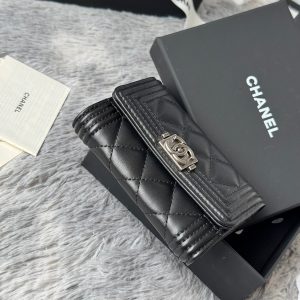 CC Boy Flap Card Holder Black Sliver-tone Lambskin 242864