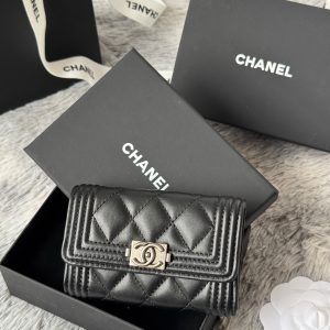 CC Boy Flap Card Holder Black Sliver-tone Lambskin 242864