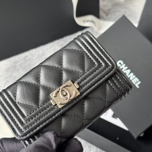 CC Boy Flap Card Holder Black Sliver-tone Lambskin 242864