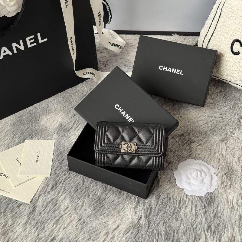 CC Boy Flap Card Holder Black Sliver-tone Lambskin 242864