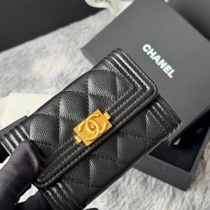 CC Boy Flap Card Holder Black Gold-tone Grained Calfskin 242866
