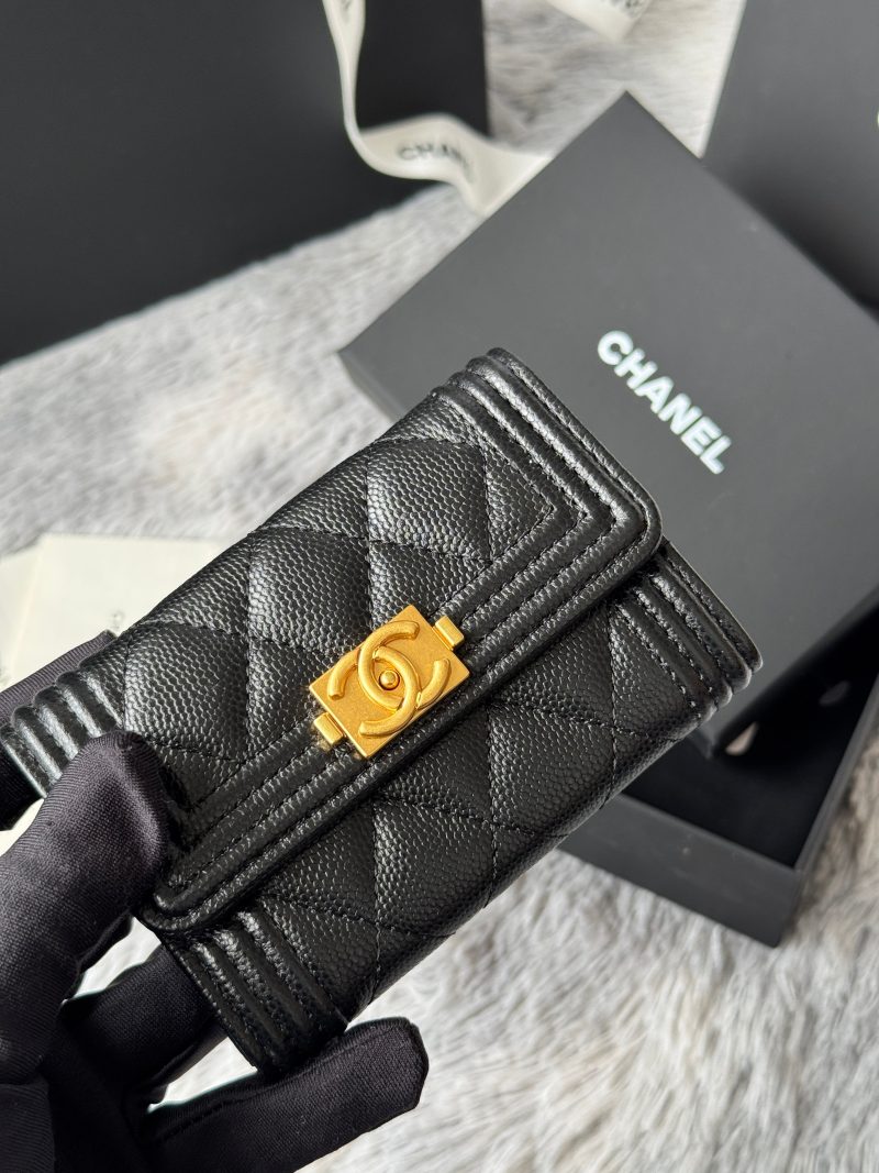 CC Boy Flap Card Holder Black Gold-tone Grained Calfskin 242866