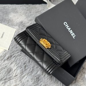 CC Boy Flap Card Holder Black Gold-tone Grained Calfskin 242866