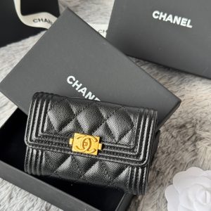 CC Boy Flap Card Holder Black Gold-tone Grained Calfskin 242866