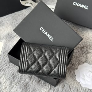 CC Boy Flap Card Holder Black Gold-tone Grained Calfskin 242866