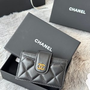 CC Accordion Card Holder Black Gold-tone Metal Lamskin 242644