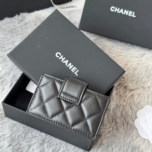 CC Accordion Card Holder Black Gold-tone Metal Lamskin 242644