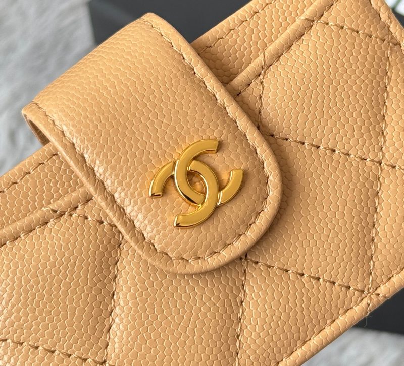 CC Accordion Card Holder Beige Gold-tone Metal Caviar 242661