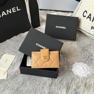 CC Accordion Card Holder Beige Gold-tone Metal Caviar 242661